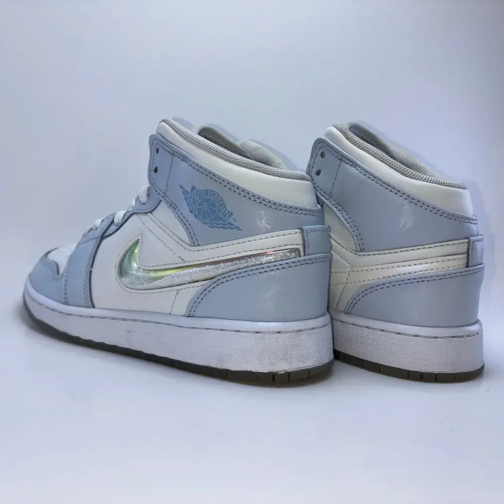 JORDAN 1 Mid SE GS “Glitter Swoosh” Blue Tint Ice Shoes Size Youth Girls 4Y